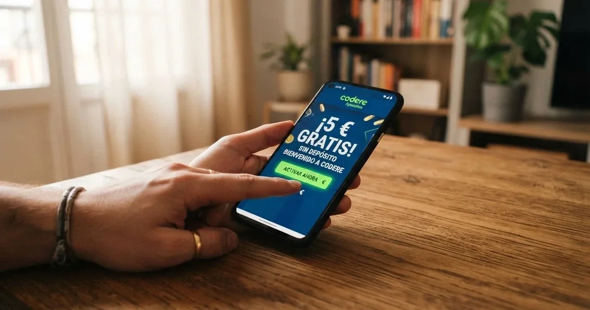 Jugador consultando una promoción de bono sin depósito en la pantalla de un móvil, con el texto «5 euros gratis» visible en la interfaz del casino