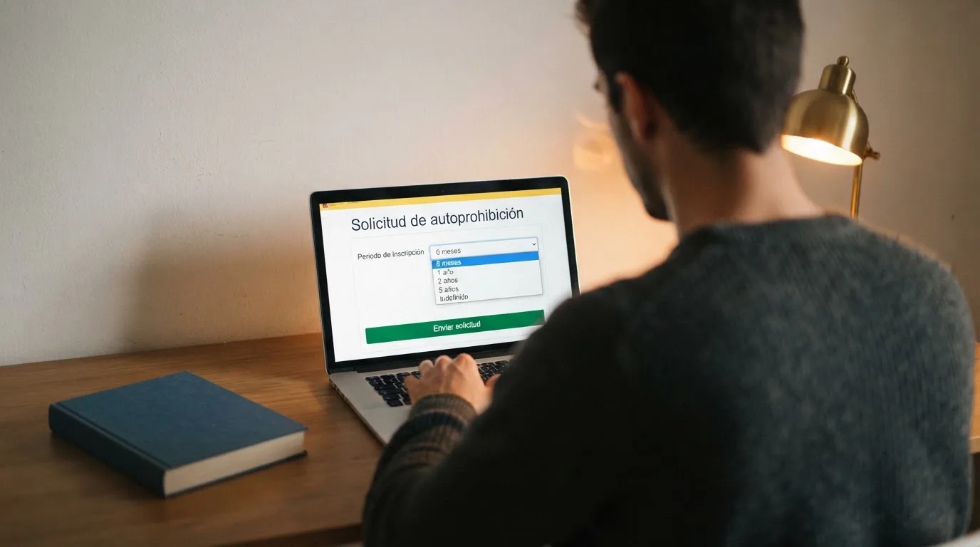 Formulario de autoprohibición de la DGOJ en pantalla con opciones de periodo de inscripción