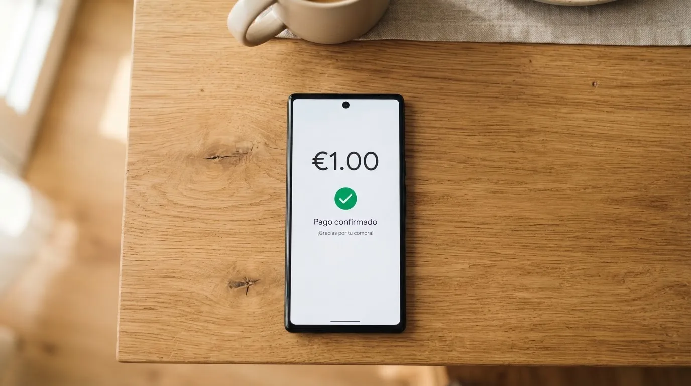 Teléfono móvil mostrando la pantalla de un pago de 1 euro mediante Bizum con el identificador de un casino español