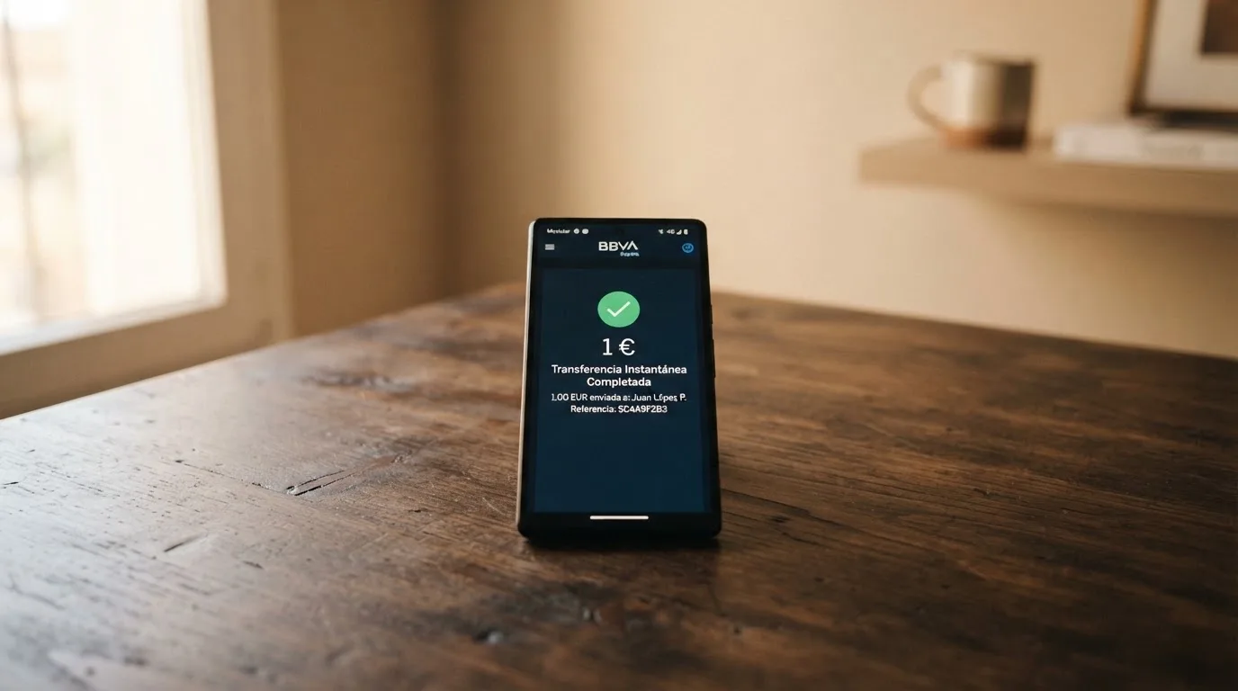 Pantalla de un teléfono móvil mostrando una transacción de 1 euro mediante Bizum en la app bancaria