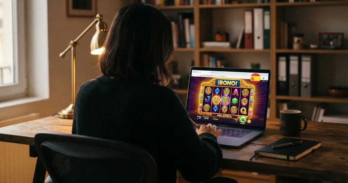 Un jugador consultando una tabla de bonos de casino en la pantalla de un ordenador portátil, con el icono de un candado y la bandera de España visibles en la interfaz