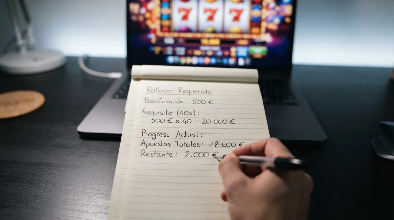 Primer plano de una calculadora sobre una mesa con una pantalla de casino al fondo