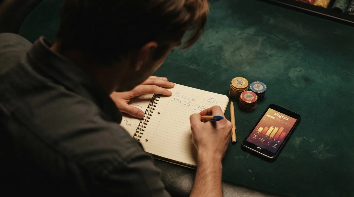 Una calculadora sobre una mesa de juego virtual, con fichas de casino junto a una pantalla que muestra las cifras de bono, rollover y pérdida esperada
