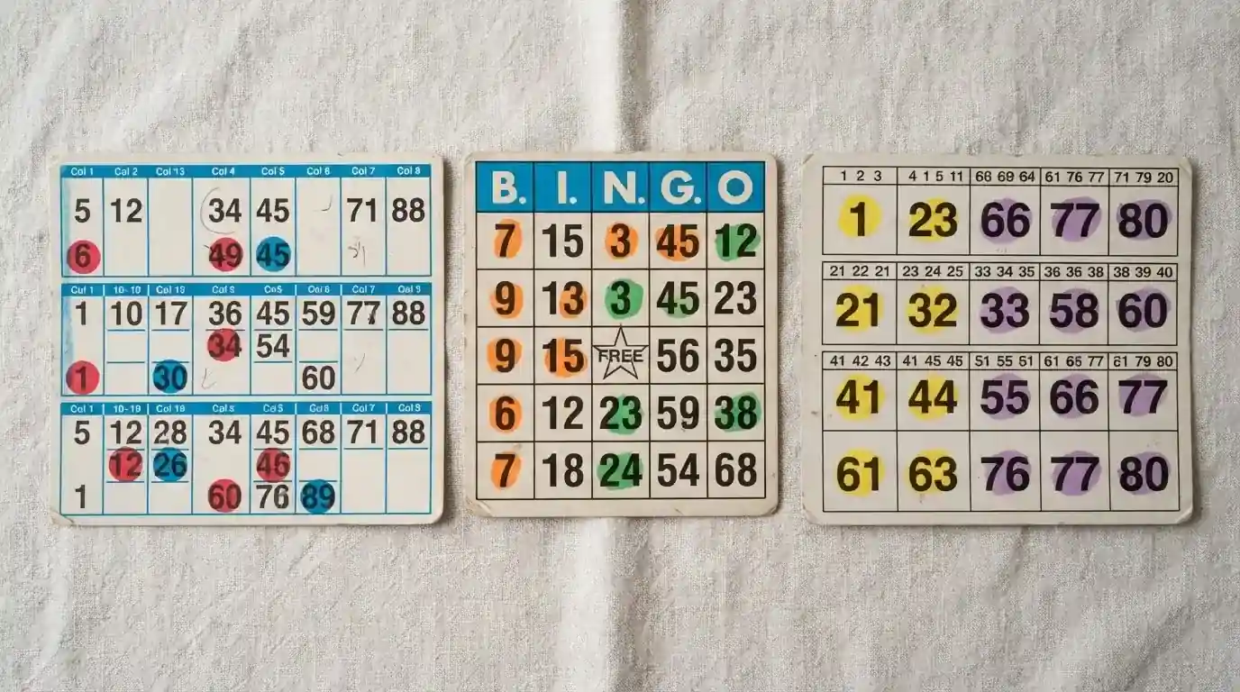 Comparativa visual de cartones de bingo de 90, 75 y 80 bolas con sus estructuras de filas y columnas