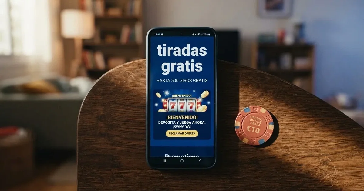 Pantalla de un móvil mostrando la página de promociones de un casino online con licencia DGOJ, con el texto «tiradas gratis» visible sobre el fondo regulado azul corporativo español
