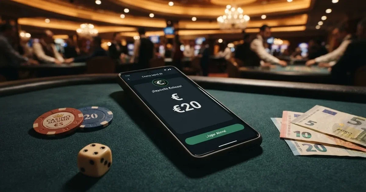 Comparativa visual de fichas de casino con fichas, dado y un teléfono mostrando una pantalla de depósito de 20 euros en un casino online español