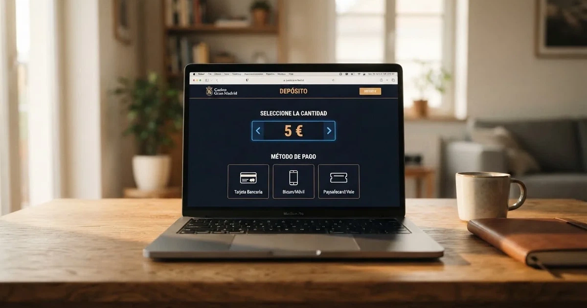 Interfaz de un casino online con licencia DGOJ mostrando la pantalla de depósito con el importe de 5 euros seleccionado entre las opciones de pago