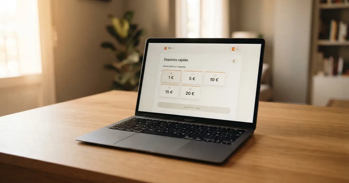 Cajero virtual de un casino online español con licencia DGOJ mostrando las opciones de depósito mínimo de 1, 5, 10, 15 y 20 euros