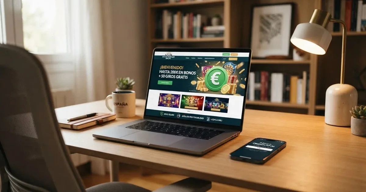 Escritorio con un ordenador portátil mostrando la página de promociones de un casino online español con el logo de la DGOJ visible en el pie, junto a un móvil con el mismo sitio abierto en la pantalla de canjeo de un código promocional