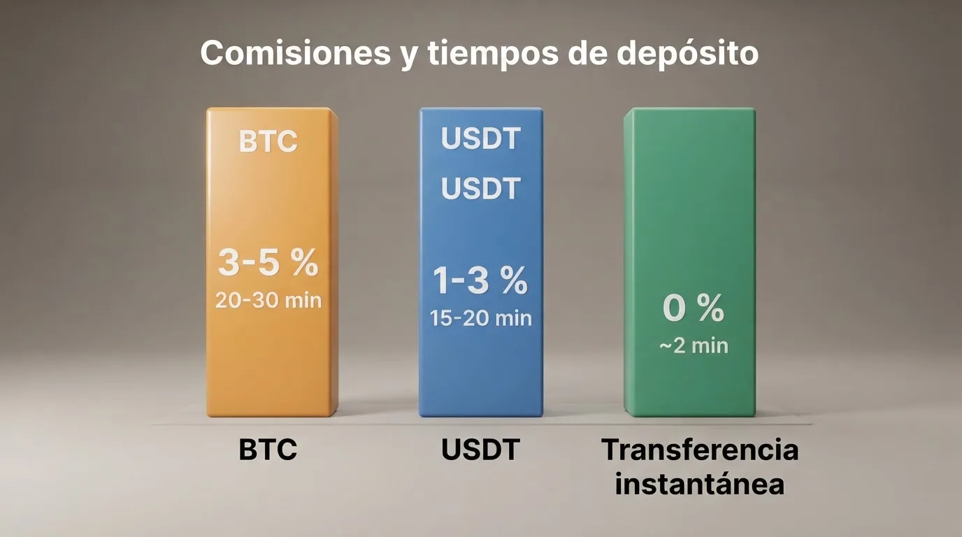 Comparación visual de una transacción Bitcoin (comisión 3-5 %, 20-30 min) frente a USDT TRC-20 (1-3 %, 15-20 min) y Bizum (0 %, ~2 min) en formato de barras