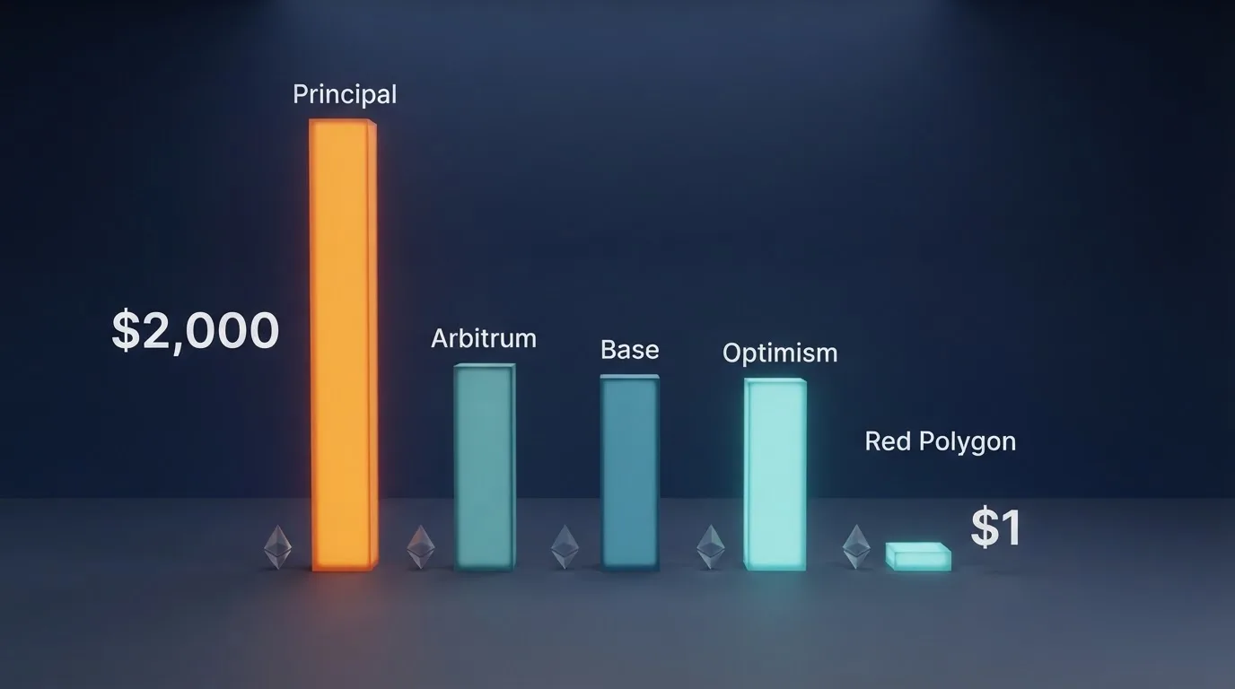 Gráfico comparativo de costes de transacción entre la red principal de Ethereum y las capas 2 Arbitrum, Base, Optimism y Polygon