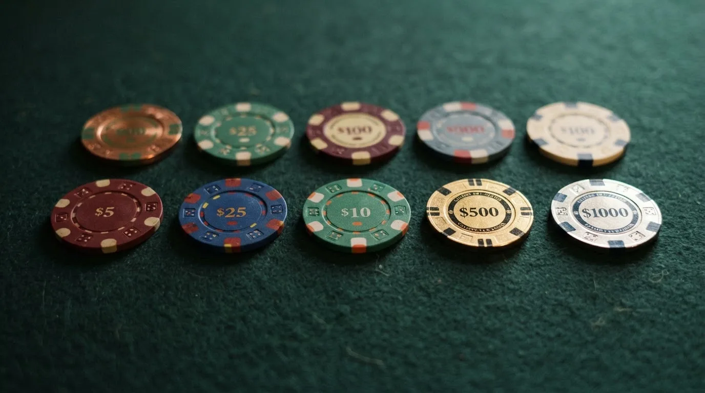 Diez fichas de casino ordenadas en una tabla con los importes, tiradas y condiciones de cada bono sin depósito