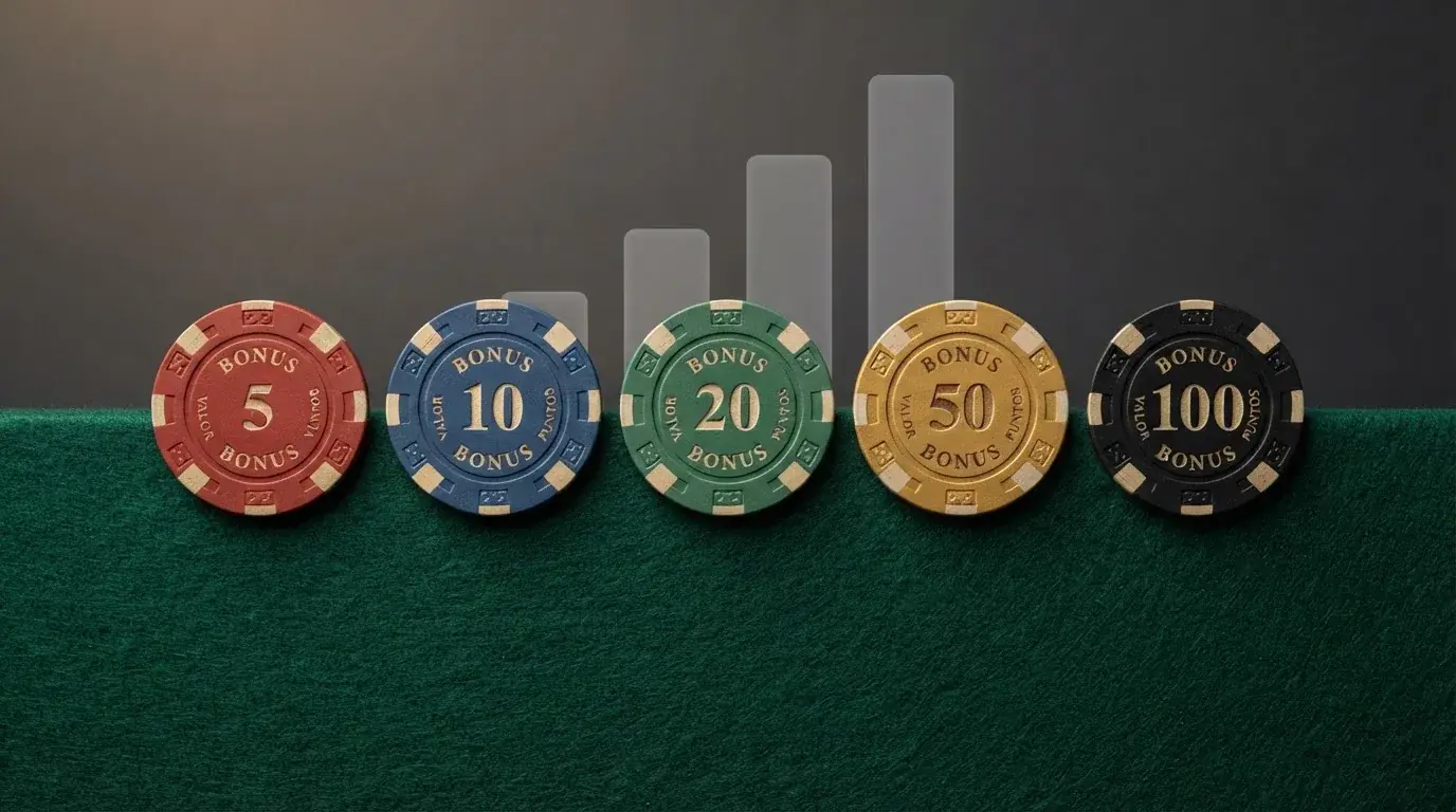 Pantalla con varias fichas de casino alineadas mostrando el importe del bono, el rollover y la conversión máxima de cada operador
