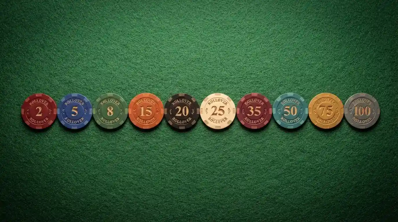 Diez fichas de casino alineadas sobre un tapete verde, cada una con el nombre de un operador y una cifra distinta de rollover grabada