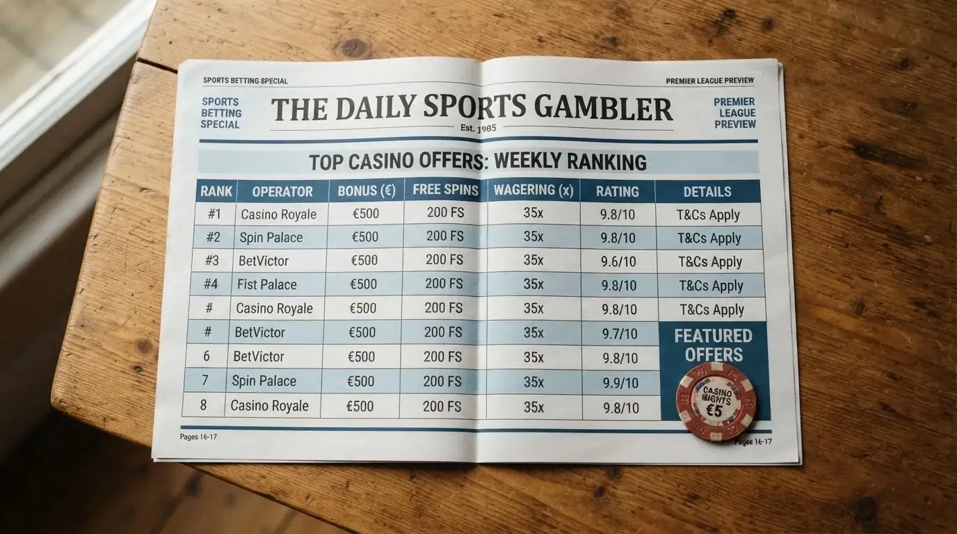 Una tabla comparativa con los logotipos de los 10 casinos analizados, ordenados por valor de su oferta sin depósito, sobre fondo blanco con la bandera española en la esquina