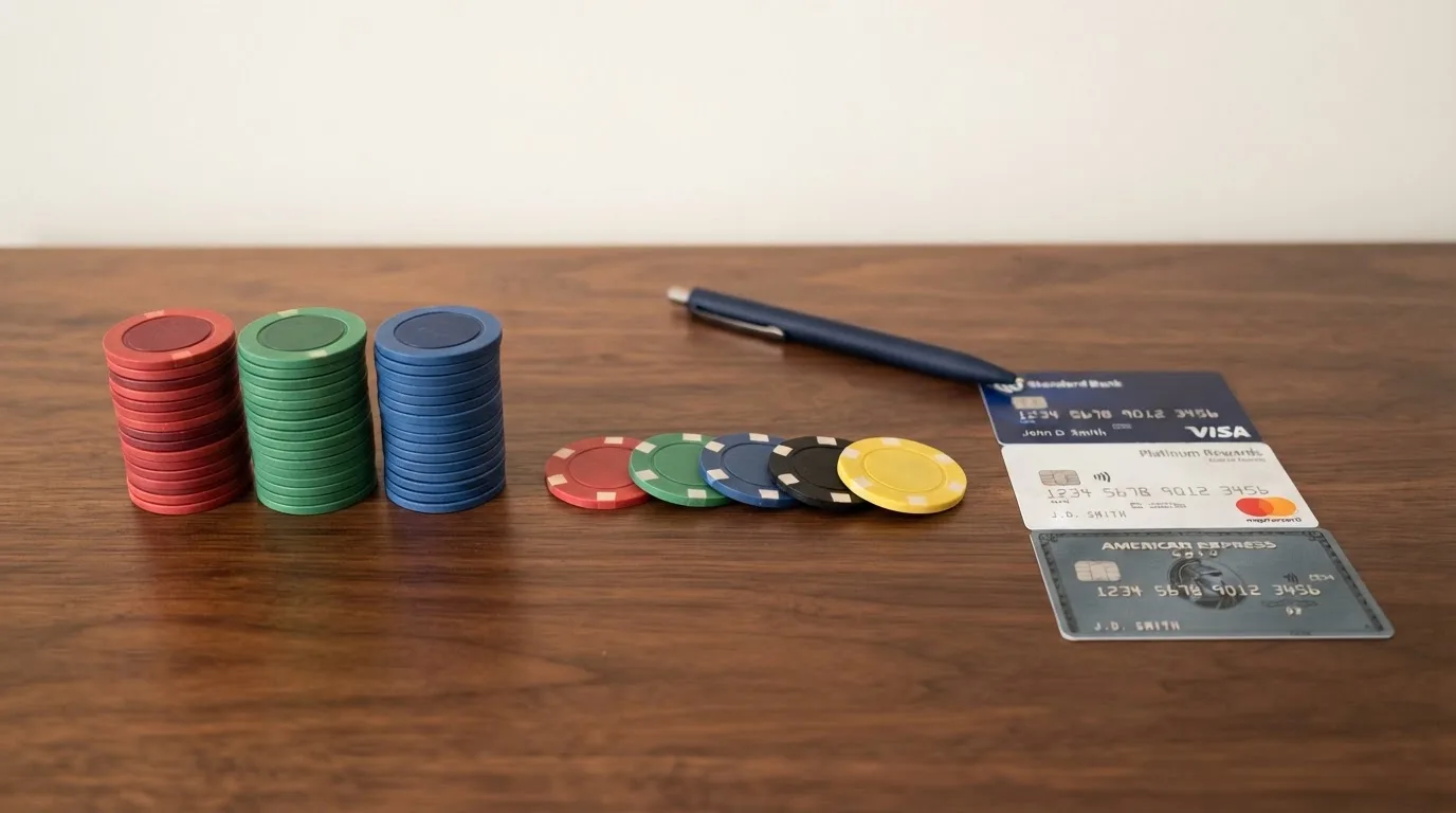 Una tabla comparativa con fichas de casino, billetes de 5€ y tarjetas de débito sobre un escritorio