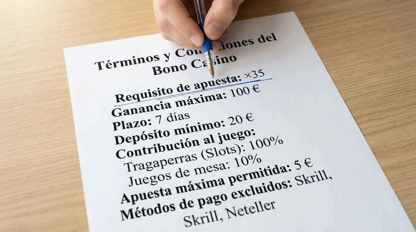 Primer plano de un documento con los términos de un bono de casino: se leen «Requisito de apuesta: ×35», «Ganancia máxima: 100 €» y «Plazo: 7 días», con un bolígrafo subrayando la cifra del rollover