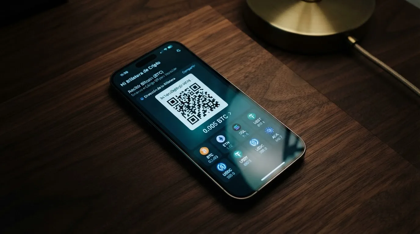 Una cartera digital de criptomonedas en la pantalla de un móvil junto a una interfaz de depósito en cripto de un casino online