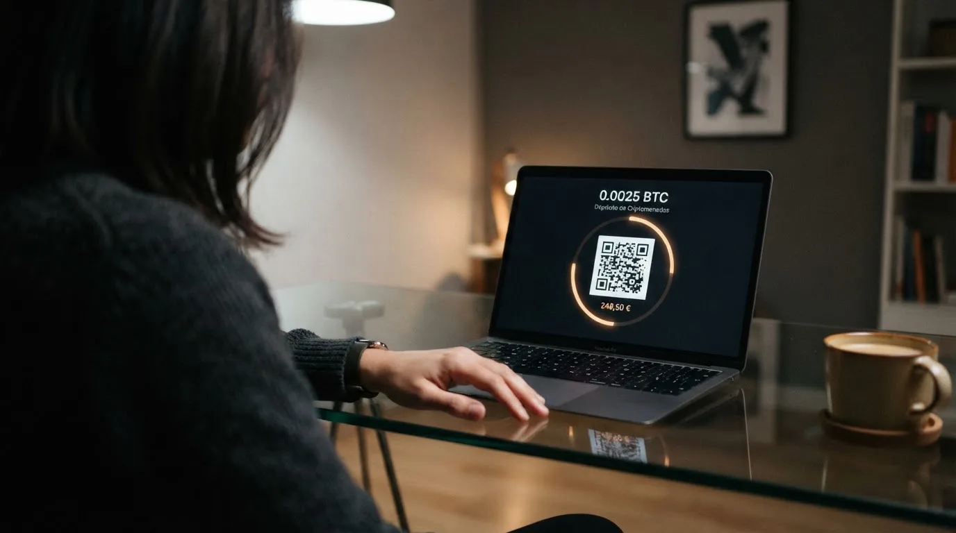 Interfaz de depósito de un casino online con un código QR de dirección Bitcoin y el importe en euros y BTC mostrados simultáneamente