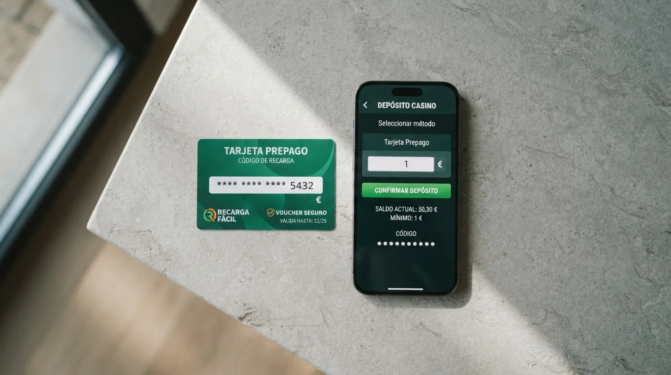 Un cupón de Paysafecard de 10 euros junto a un teléfono móvil mostrando la pantalla de depósito de un casino online