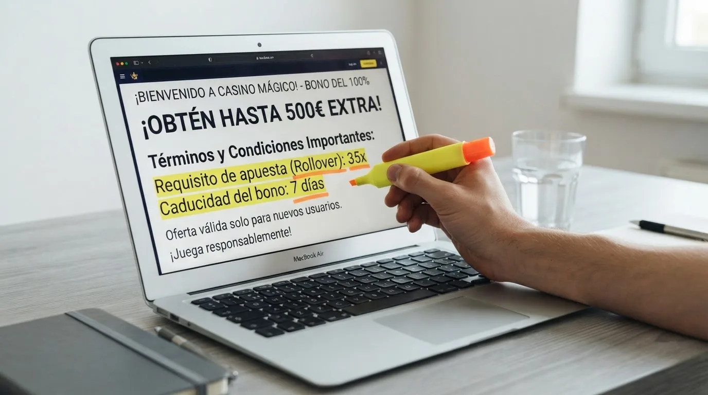Primer plano de las condiciones de un bono de casino en la pantalla de un ordenador, con los términos de rollover y caducidad subrayados