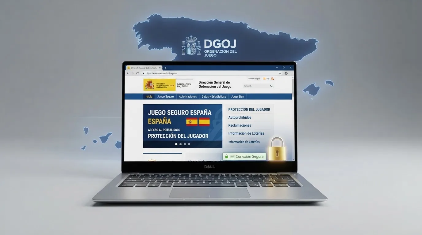 Pantalla del registro oficial de la DGOJ en ordenacionjuego.es con el dominio .es visible y un candado de seguridad sobre el mapa de España