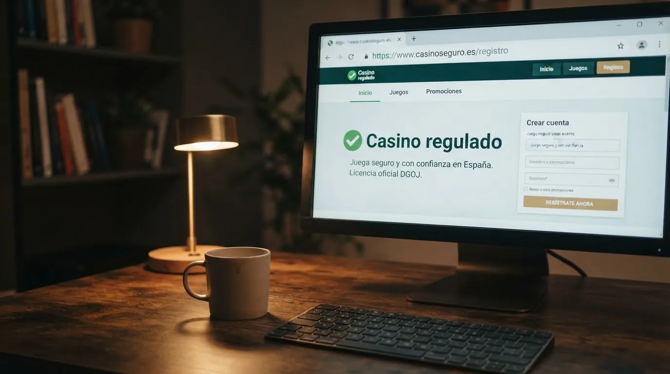 Primer plano del dominio .es en la barra de direcciones de un navegador junto al logo de la DGOJ en la pantalla de un ordenador