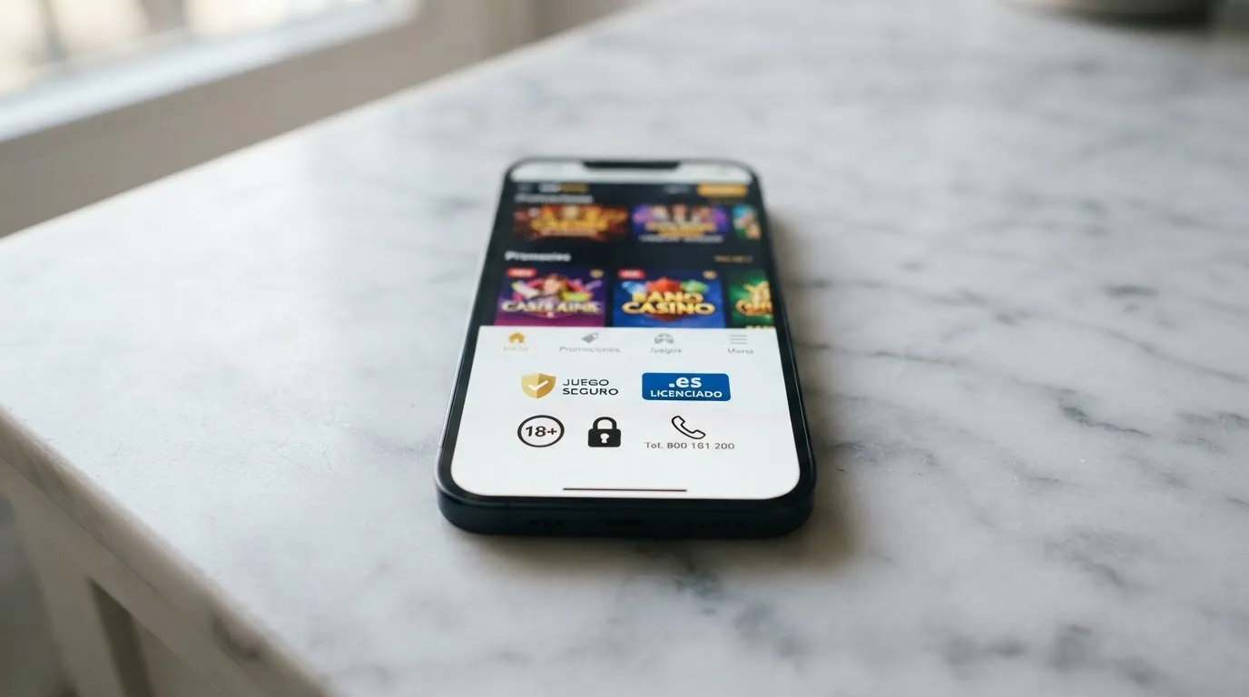 Pantalla de un teléfono mostrando el pie de página de un casino móvil con el sello de la DGOJ, el dominio .es y los logos de juego responsable visibles