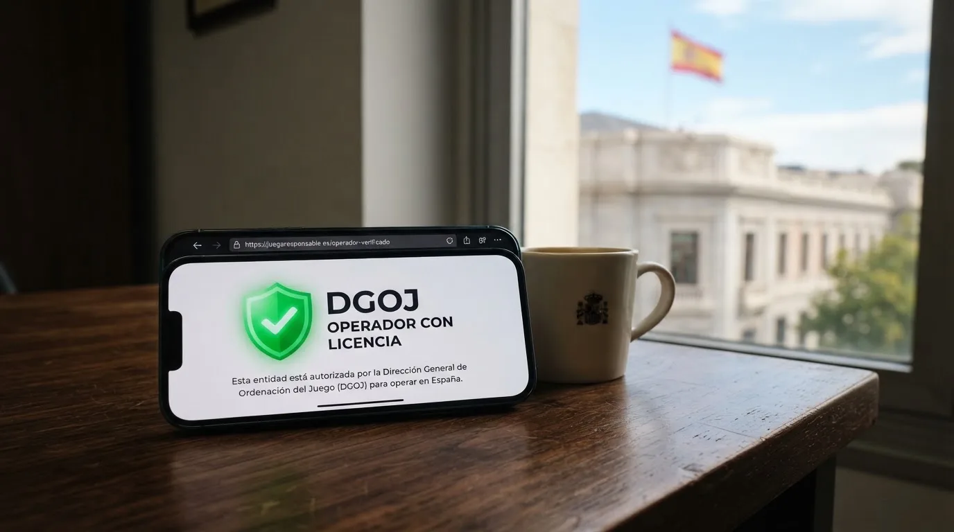 Primer plano de un documento oficial con el sello de la DGOJ junto a la fachada de un edificio institucional español