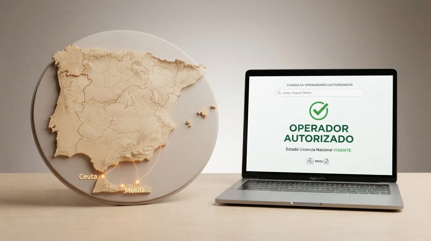 Captura parcial del buscador de operadores de ordenacionjuego.es con el listado de licencias activas, junto a un mapa de España donde se destacan Ceuta y Melilla como territorios con tipo impositivo diferenciado