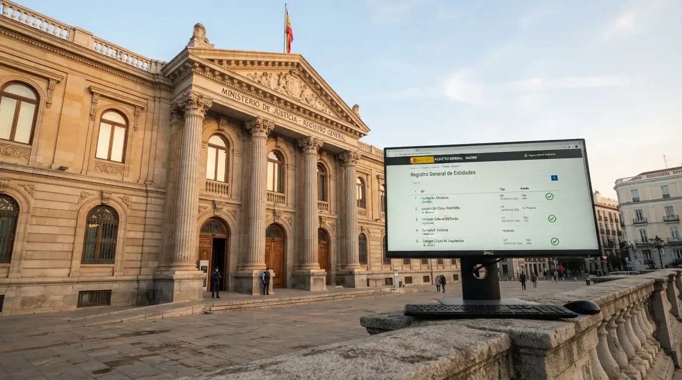 Fachada del edificio del Tribunal Supremo en Madrid junto a la pantalla del registro de operadores autorizados de la DGOJ en ordenacionjuego.es