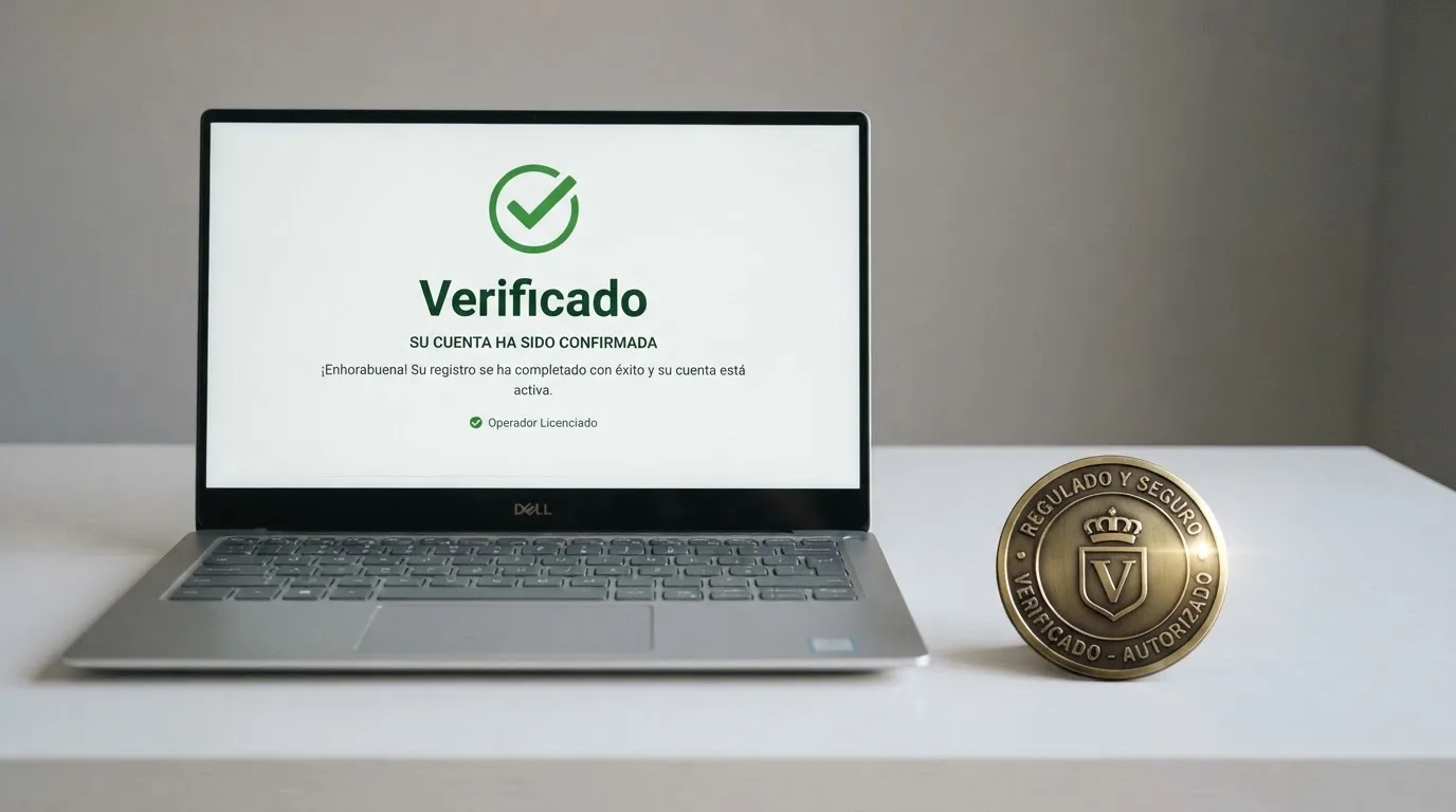 Pantalla del registro oficial de operadores de la DGOJ (ordenacionjuego.es) con el listado de casinos autorizados bajo dominio .es, junto al escudo de la DGOJ y un sello de verificación