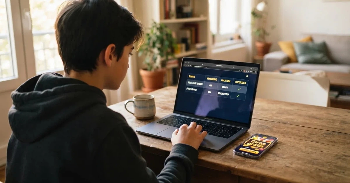 Un jugador consulta una tabla de condiciones de giros gratis en la pantalla de un ordenador portátil, junto a un móvil que muestra una tragaperras de casino online con la palabra «Giros gratis» en pantalla