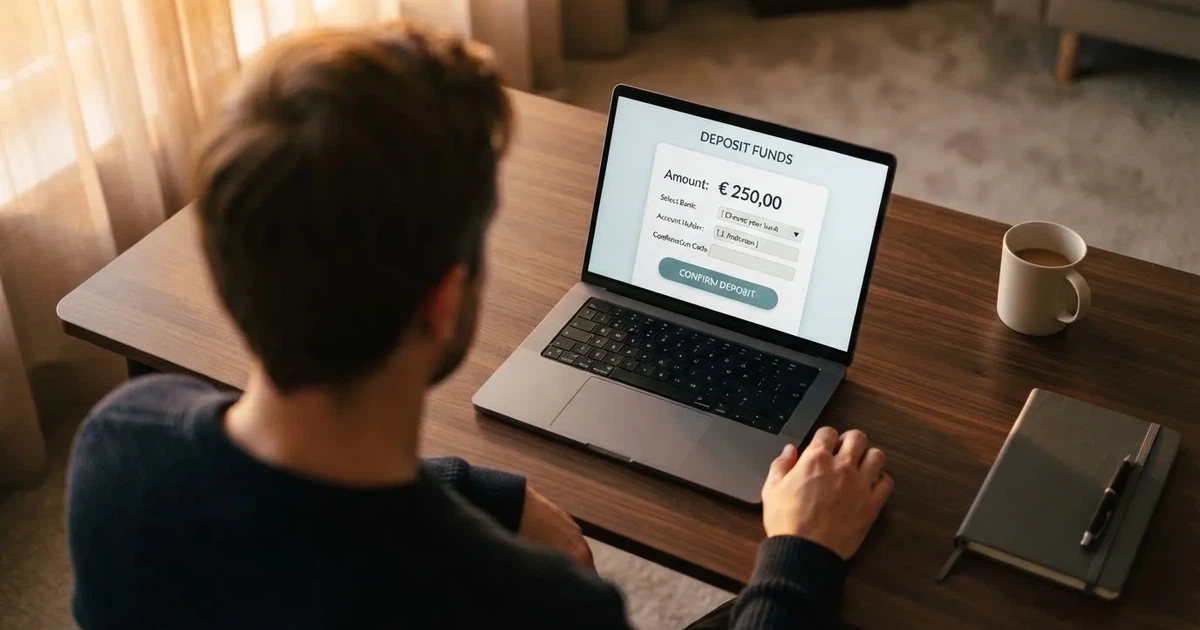 Interfaz de pago de Klarna en el cajero de un casino online español, mostrando la pantalla de transferencia bancaria instantánea con los campos de importe y banco.