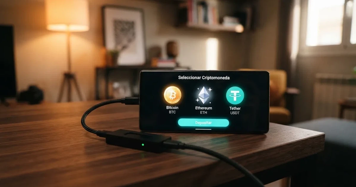 Pantalla de un casino online mostrando las opciones de depósito con Bitcoin, Ethereum y USDT junto a una cartera de criptomonedas