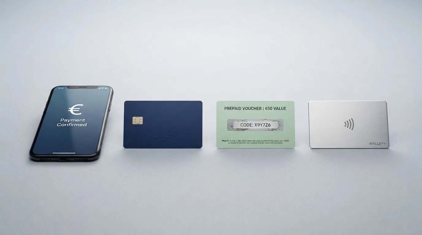 Iconos o tarjetas de los principales métodos de pago para casino online en España —Bizum, Paysafecard, PayPal, Visa y Mastercard— alineados sobre un fondo de pantalla de cajero