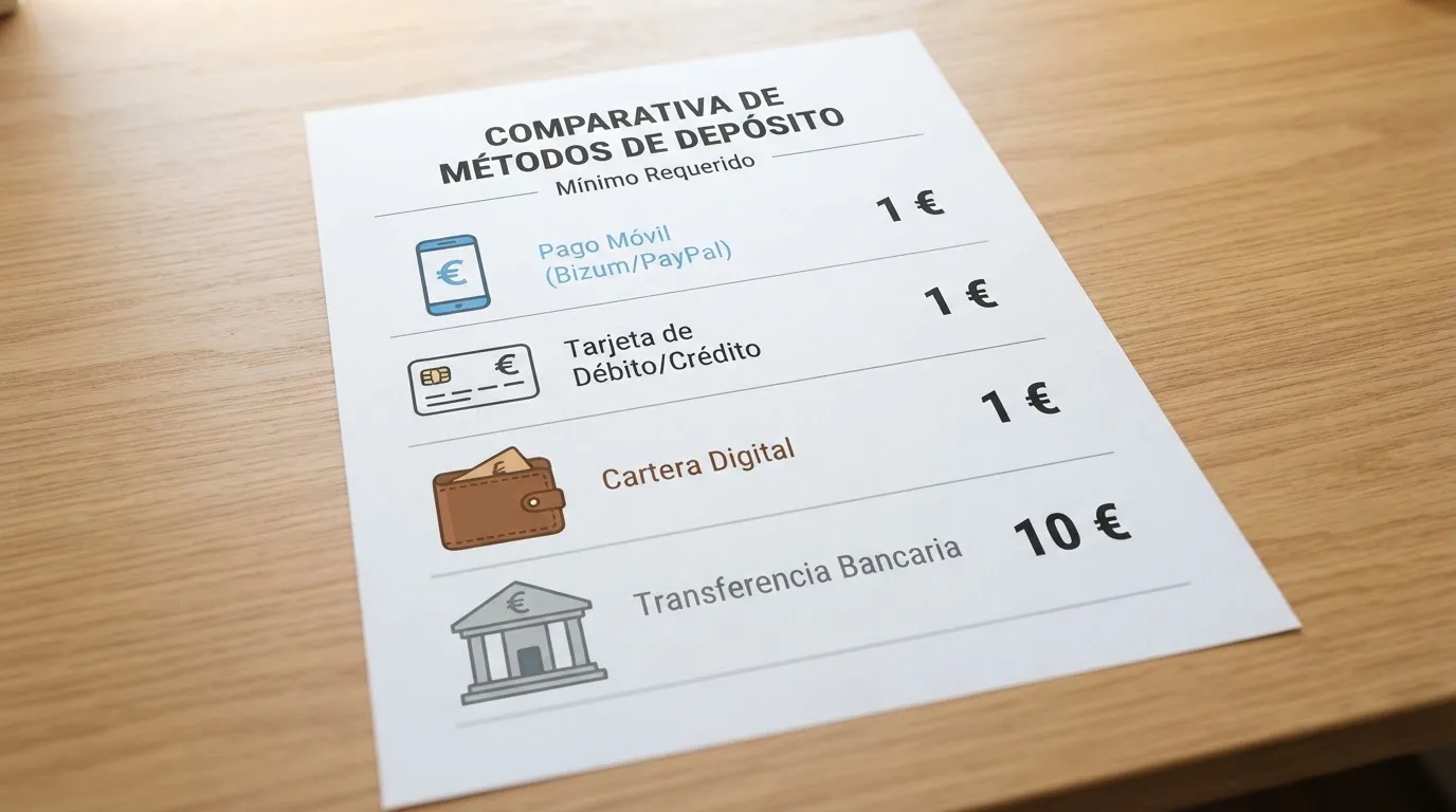 Pantalla dividida con los iconos de Bizum, tarjeta bancaria, PayPal y transferencia, cada uno acompañado de su importe mínimo de depósito en euros