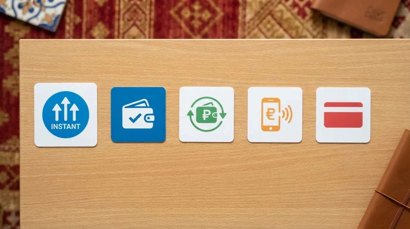 Los logotipos de Trustly, PayPal, Skrill, Bizum y Visa sobre un fondo con los colores de la bandera española