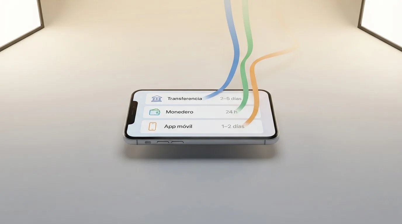 Diagrama con las tres rutas de retirada disponibles tras depositar con Klarna: transferencia bancaria SEPA, monedero electrónico y Bizum, con los plazos estimados de cada una.
