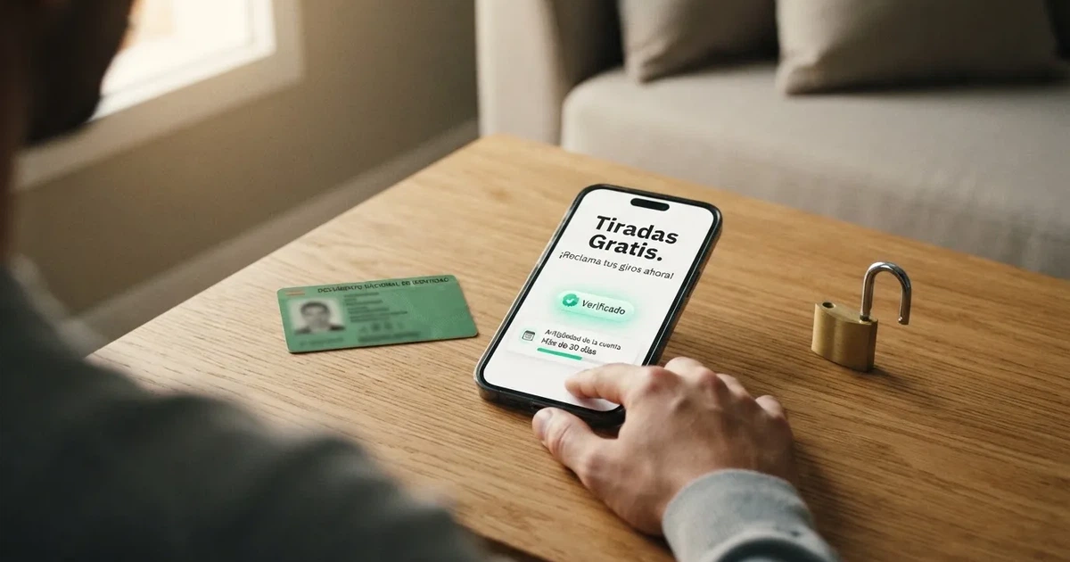 Pantalla de un móvil mostrando la página de promociones de un casino online español con licencia DGOJ, junto a un documento de identidad y el candado de verificación