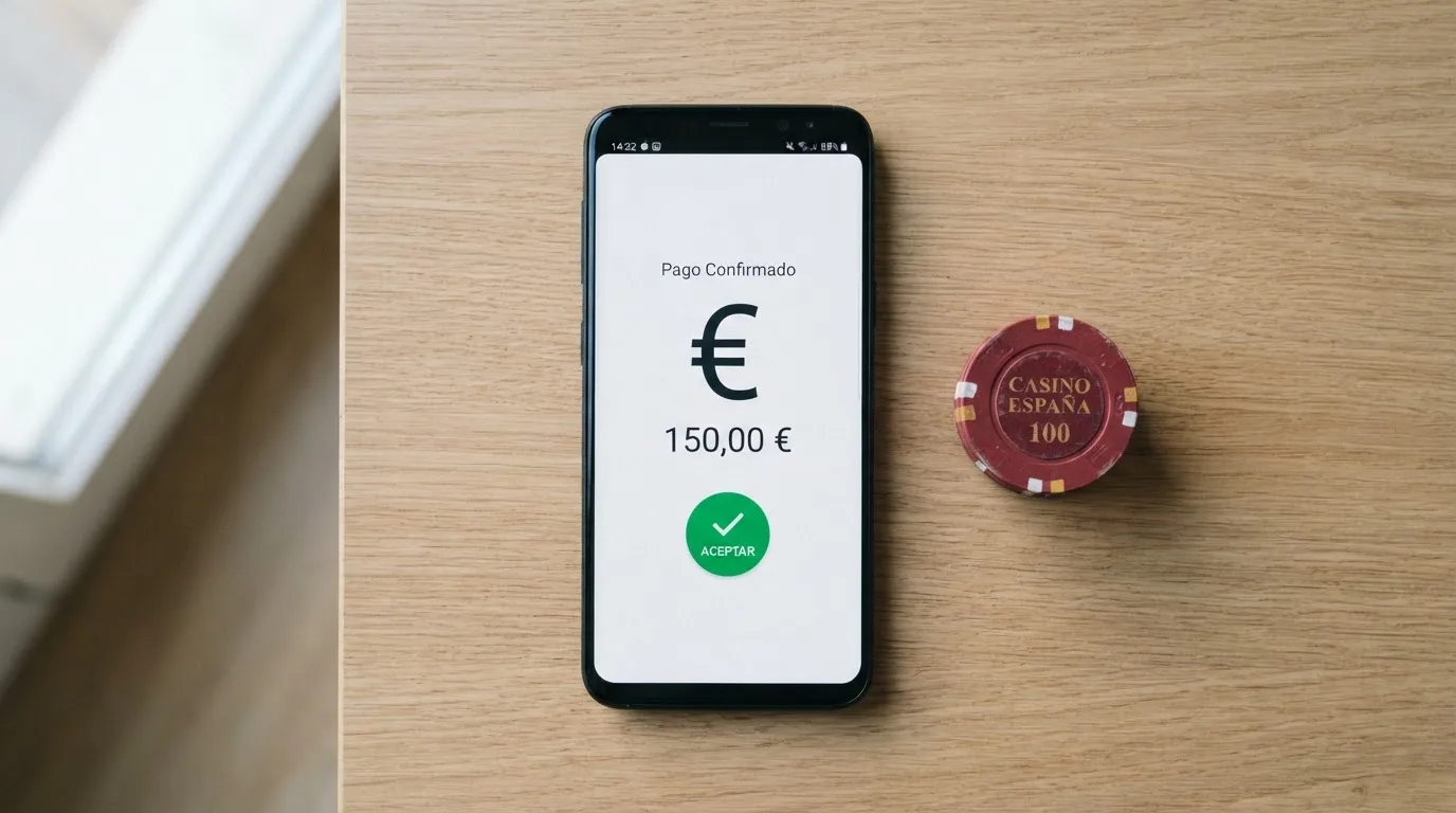 Móvil mostrando la interfaz de envío de dinero con Bizum junto al logo de un casino online español