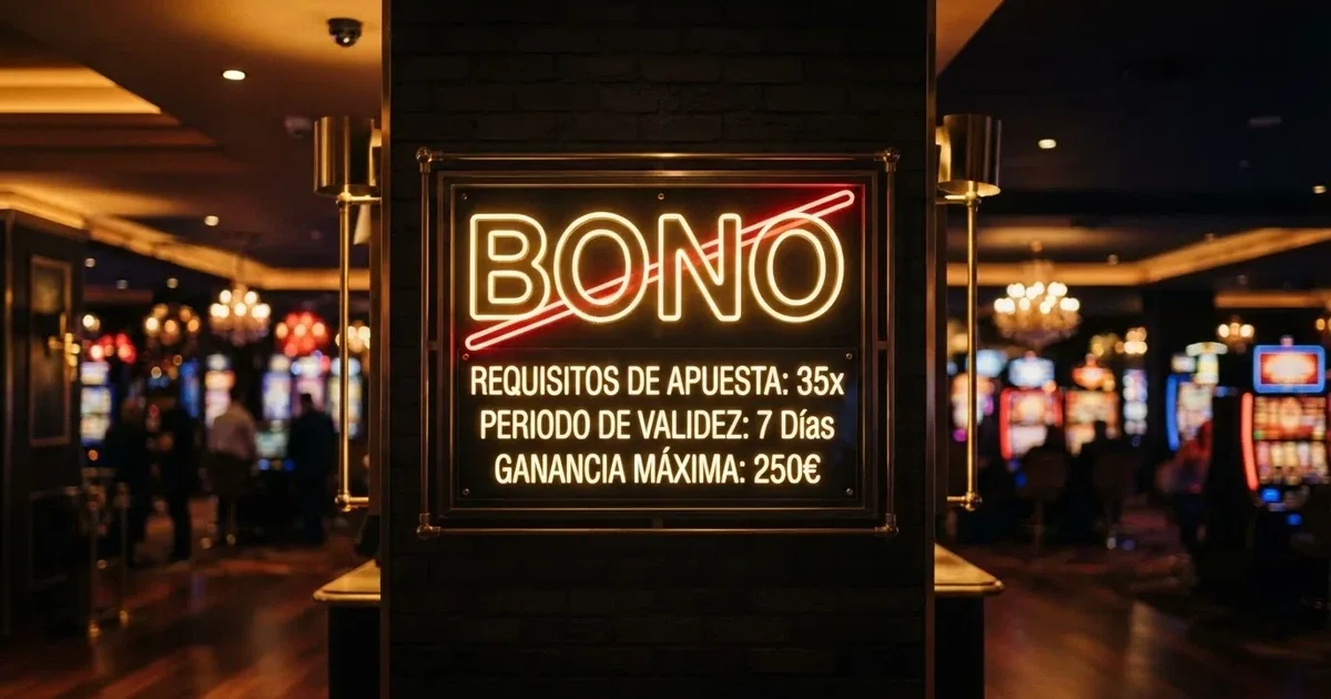 Cartel luminoso de un casino online con la palabra «BONO» tachada y debajo las condiciones en letra pequeña: rollover, plazo y ganancia máxima