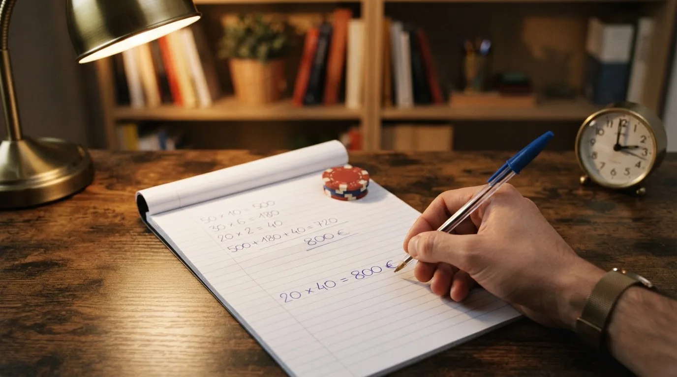Una calculadora sobre una mesa junto a una tarjeta con el texto «rollover x40» y un reloj marcando una cuenta atrás
