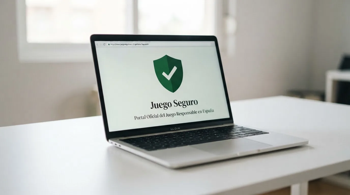 Pantalla de ordenador con el sello de juego seguro de la DGOJ y el dominio .es de un casino regulado