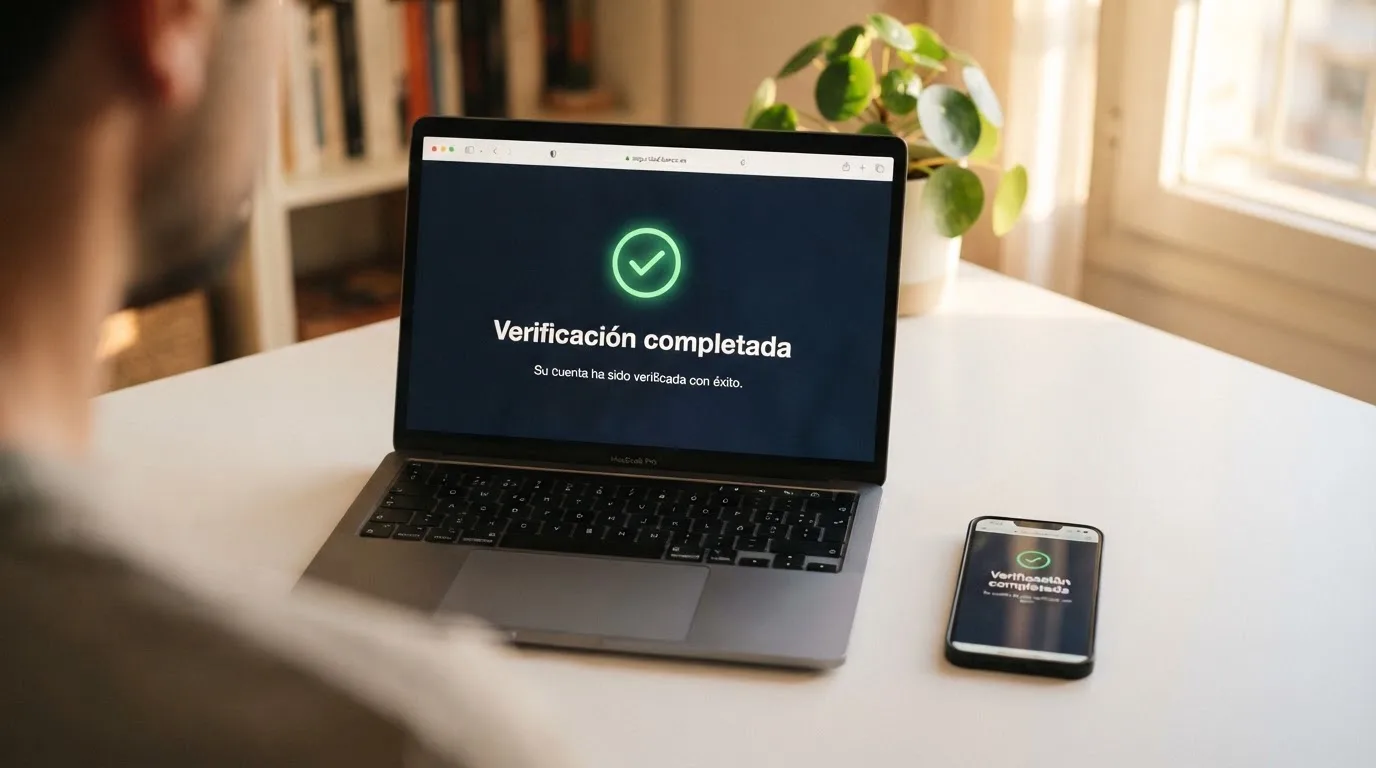 Un documento de identidad español junto a una pantalla de ordenador con el mensaje «Verificación completada» y el candado de seguridad de un casino con dominio .es